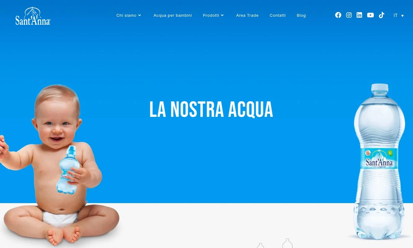 Pagina Acqua Sant’Anna: hero azzurro con bottiglia e bambino